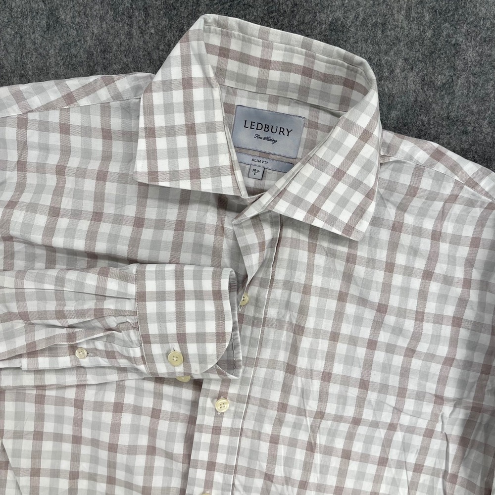 Ledbury Dress Shirt Mens 16.5 L Slim Fit  Tan White Gingham Check Long Sleeve